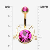 Detail View 1 of Golden Adorable Cat Face Sparkle Belly Button Ring-Fuchsia