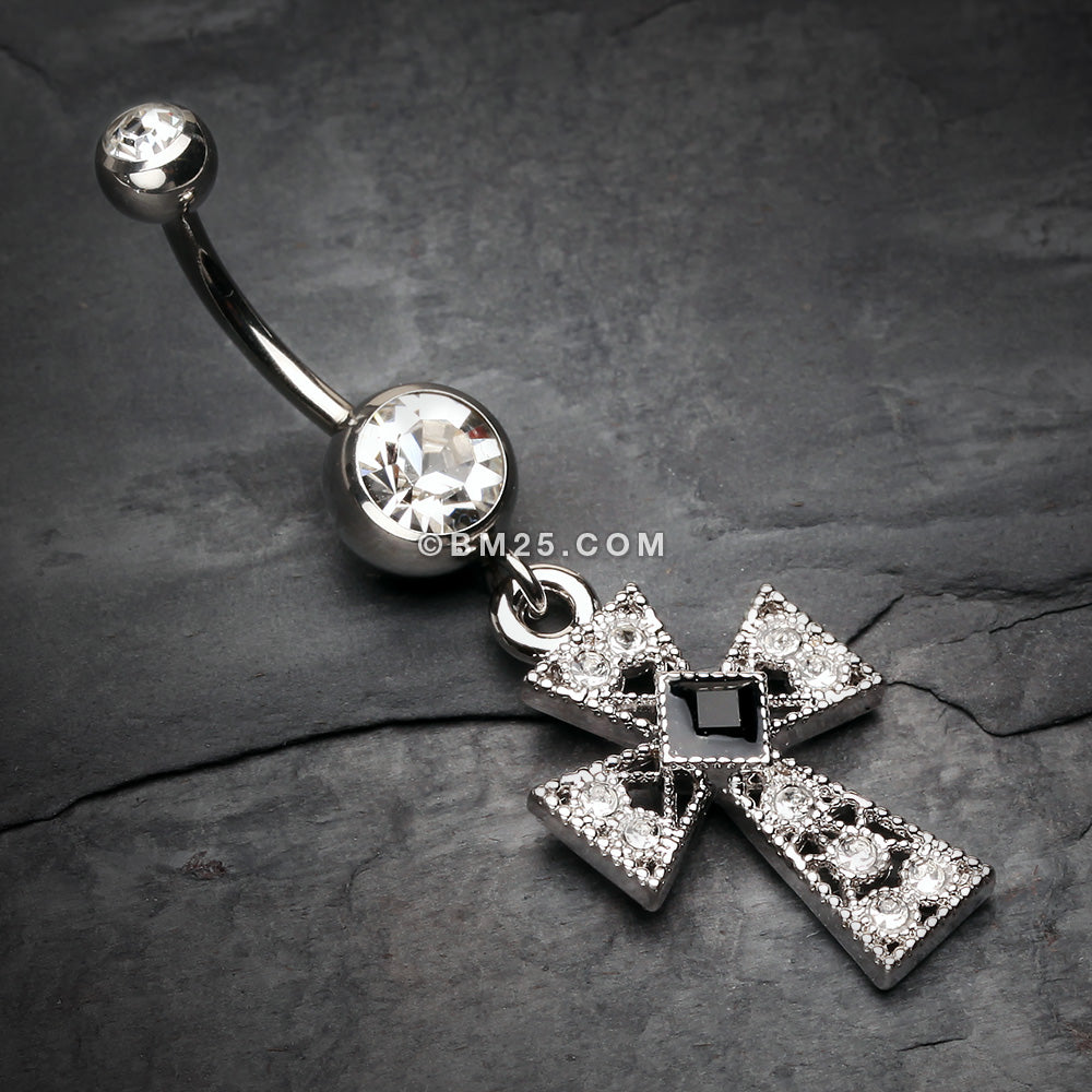 Detail View 2 of Iron Cross Diamante Sparkle Belly Button Ring-Clear Gem/Black