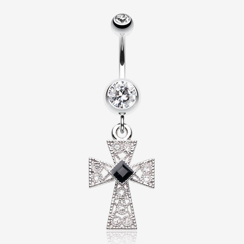 Iron Cross Diamante Sparkle Belly Button Ring-Clear Gem/Black