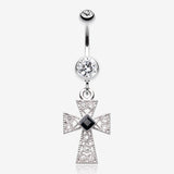 Iron Cross Diamante Sparkle Belly Button Ring-Clear Gem/Black