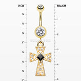 Golden Iron Cross Diamante Sparkle Belly Button Ring-Clear/Black