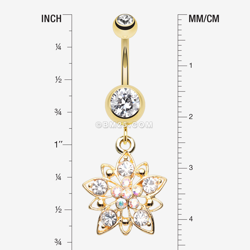 Detail View 1 of Golden Luscious Flower Sparkle Belly Button Ring-Clear Gem/Aurora Borealis