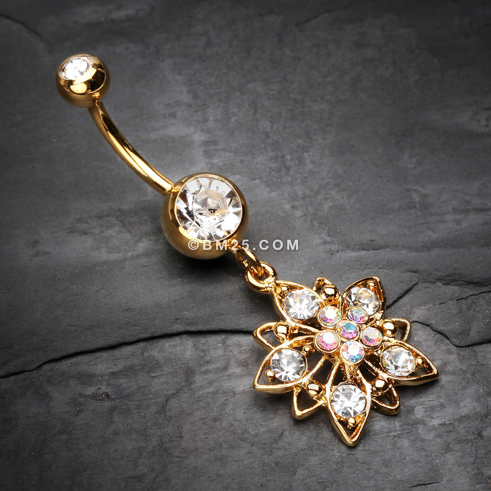 Detail View 2 of Golden Luscious Flower Sparkle Belly Button Ring-Clear Gem/Aurora Borealis