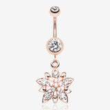 Rose Gold Luscious Flower Sparkle Belly Button Ring-Clear Gem/Aurora Borealis