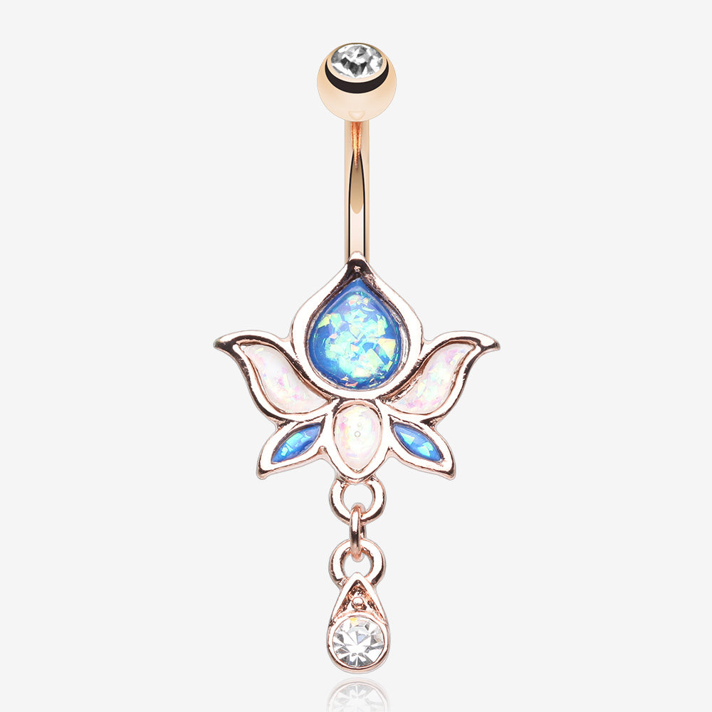 Rose Gold Lotus Zen Opalescent Sparkle Belly Button Ring-Clear Gem/Blue/White