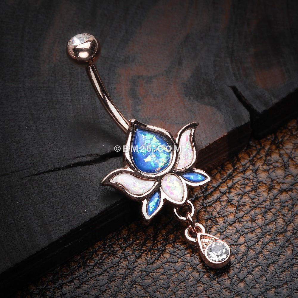 Detail View 2 of Rose Gold Lotus Zen Opalescent Sparkle Belly Button Ring-Clear Gem/Blue/White