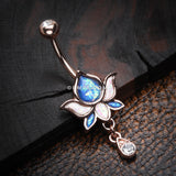 Detail View 2 of Rose Gold Lotus Zen Opalescent Sparkle Belly Button Ring-Clear Gem/Blue/White