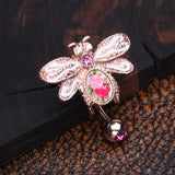 Detail View 2 of Rose Gold Vintage Floral Wasp Reverse Belly Button Ring-Pink/Aurora Borealis