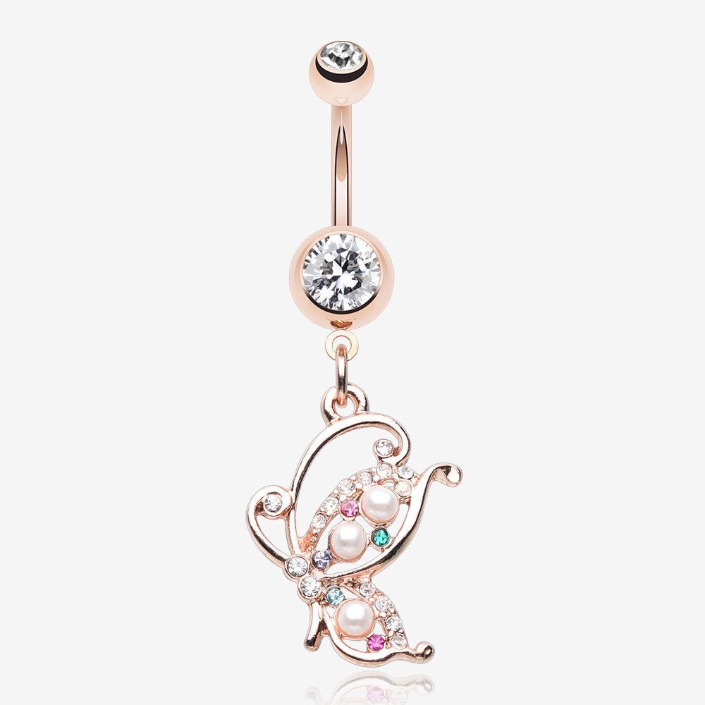 Rose Gold Pearlescent Glam Butterfly Belly Button Ring-Clear Gem