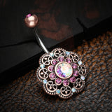 Detail View 2 of Vintage Rustica Filigree Floral Sparkle Belly Button Ring-Copper/Purple/Aurora Borealis