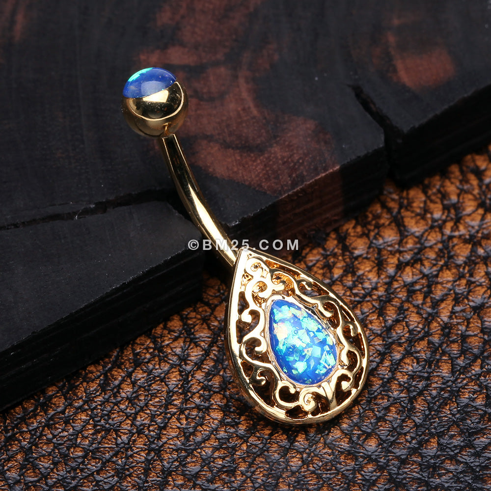 Detail View 2 of Golden Opalescent Victorian Filigree Belly Button Ring-Blue