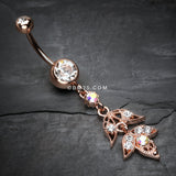 Detail View 2 of Rose Gold Divine Zen Floral Leaf Belly Button Ring-Clear Gem