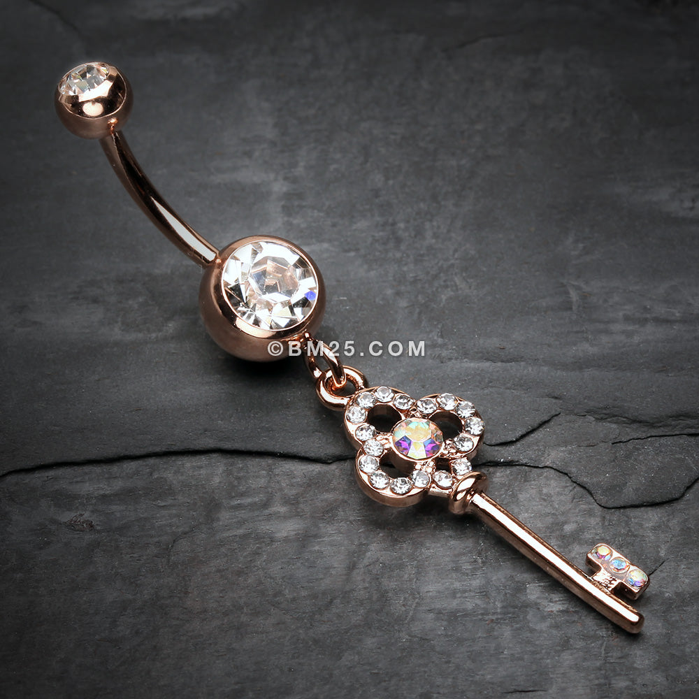 Detail View 2 of Rose Gold Victorian Skeleton Key Sparkle Belly Button Ring-Clear Gem
