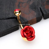 Detail View 2 of Golden Bright Metal Rose Blossom Belly Button Ring-Red