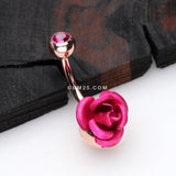 Detail View 2 of Rose Gold Bright Metal Rose Blossom Belly Button Ring-Fuchsia