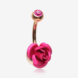 Rose Gold Bright Metal Rose Blossom Belly Button Ring-Fuchsia