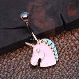 Detail View 2 of Rose Gold Stay Magical Unicorn Sparkle Belly Button Ring-Aqua