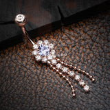 Detail View 2 of Rose Gold Wonder Sparkle Falls Chandelier Belly Button Ring-Clear Gem/Tanzanite