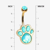 Detail View 1 of Golden Adorable Paw Print Opalescent Sparkle Belly Button Ring-Teal