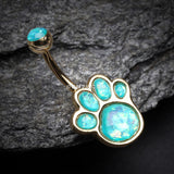 Detail View 2 of Golden Adorable Paw Print Opalescent Sparkle Belly Button Ring-Teal