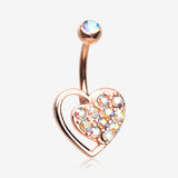 Rose Gold Sparkle Heart in Heart Belly Button Ring-Aurora Borealis