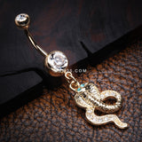 Detail View 2 of Golden Ancient Cobra Snake Sparkle Belly Button Ring-Clear Gem