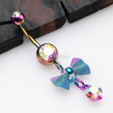 Detail View 2 of Rainbow Dainty Bow-Tie Belly Button Ring-Rainbow/Aurora Borealis