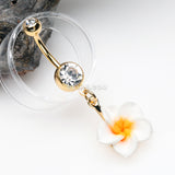 Detail View 2 of Golden Classic Plumeria Flower Belly Button Ring-Clear Gem
