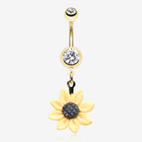 Golden Sunflower Blossom Belly Button Ring-Clear Gem