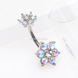 Detail View 2 of Iridescent Revo Spring Flower Sparkle Prong Set Belly Button Ring-Clear Gem