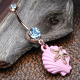 Detail View 2 of Rose Gold Pastel Sparkle Ariel's Shell with Starfish Belly Button Ring-Aqua/Aurora Borealis