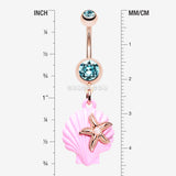 Detail View 1 of Rose Gold Pastel Sparkle Ariel's Shell with Starfish Belly Button Ring-Aqua/Aurora Borealis