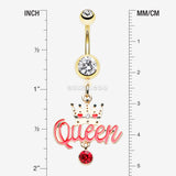 Detail View 1 of Golden Crowned Queen Sparkle Belly Button Ring-Clear Gem/Red