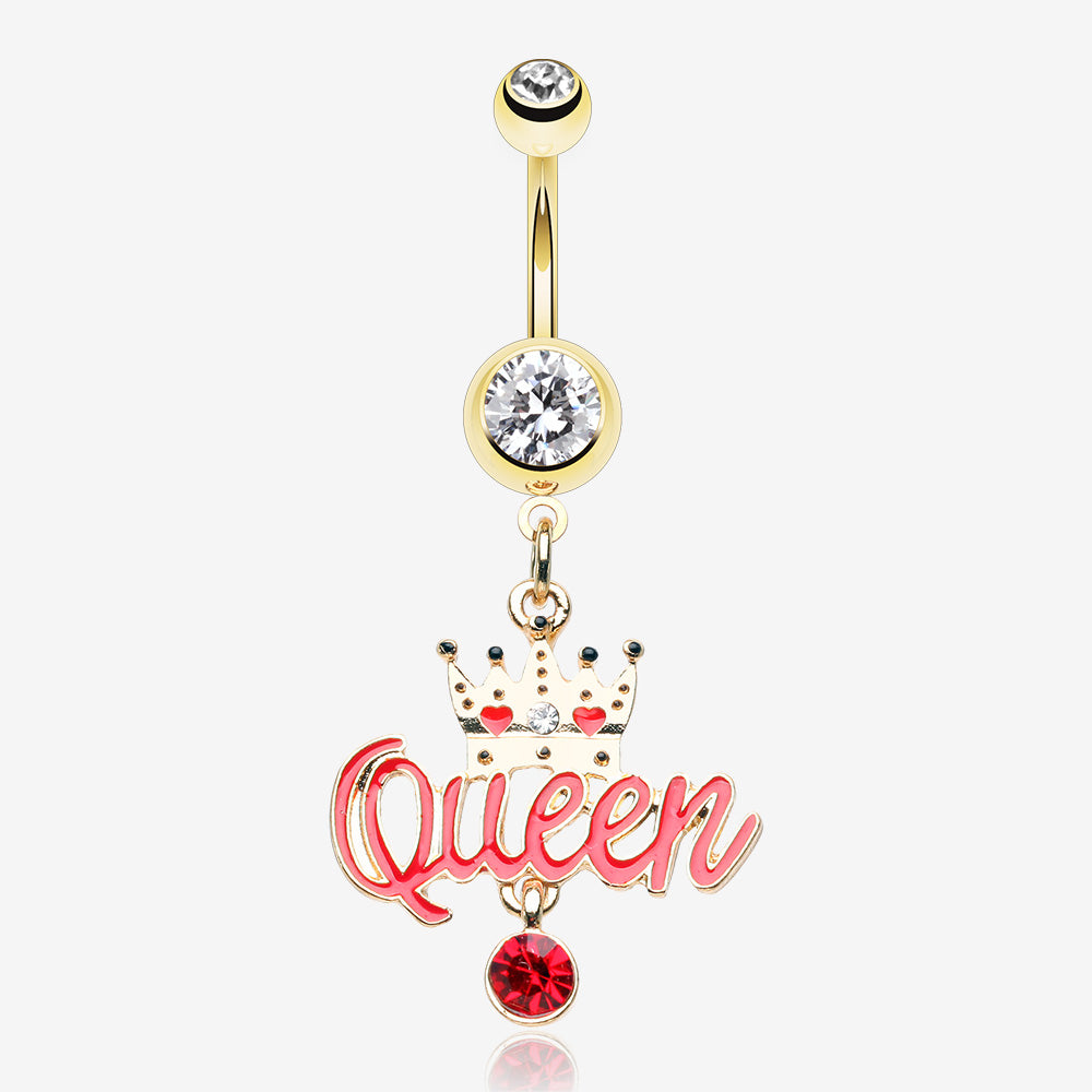 Golden Crowned Queen Sparkle Belly Button Ring-Clear Gem/Red