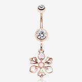 Rose Gold Opalescent Spring Wild Flower Belly Button Ring-Clear Gem/White