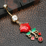 Detail View 2 of Golden Stem of Rose Blossom Belly Button Ring-Clear Gem/Red
