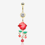 Golden Stem of Rose Blossom Belly Button Ring-Clear Gem/Red