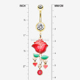 Detail View 1 of Golden Stem of Rose Blossom Belly Button Ring-Clear Gem/Red