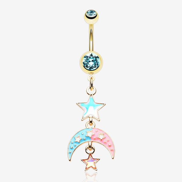 Golden Pastel Princess Stars and Moon Belly Button Ring