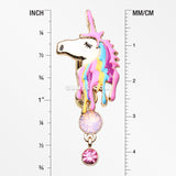 Detail View 1 of Golden Magical Unicorn Sparkle Reverse Belly Button Ring-Rose Water Opal/Fuchsia