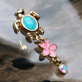 Detail View 2 of Golden Hawaiian Plumeria Turtle Sparkle Reverse Belly Button Ring-Clear Gem/Aurora Borealis/Turquoise