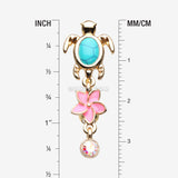 Detail View 1 of Golden Hawaiian Plumeria Turtle Sparkle Reverse Belly Button Ring-Clear Gem/Aurora Borealis/Turquoise