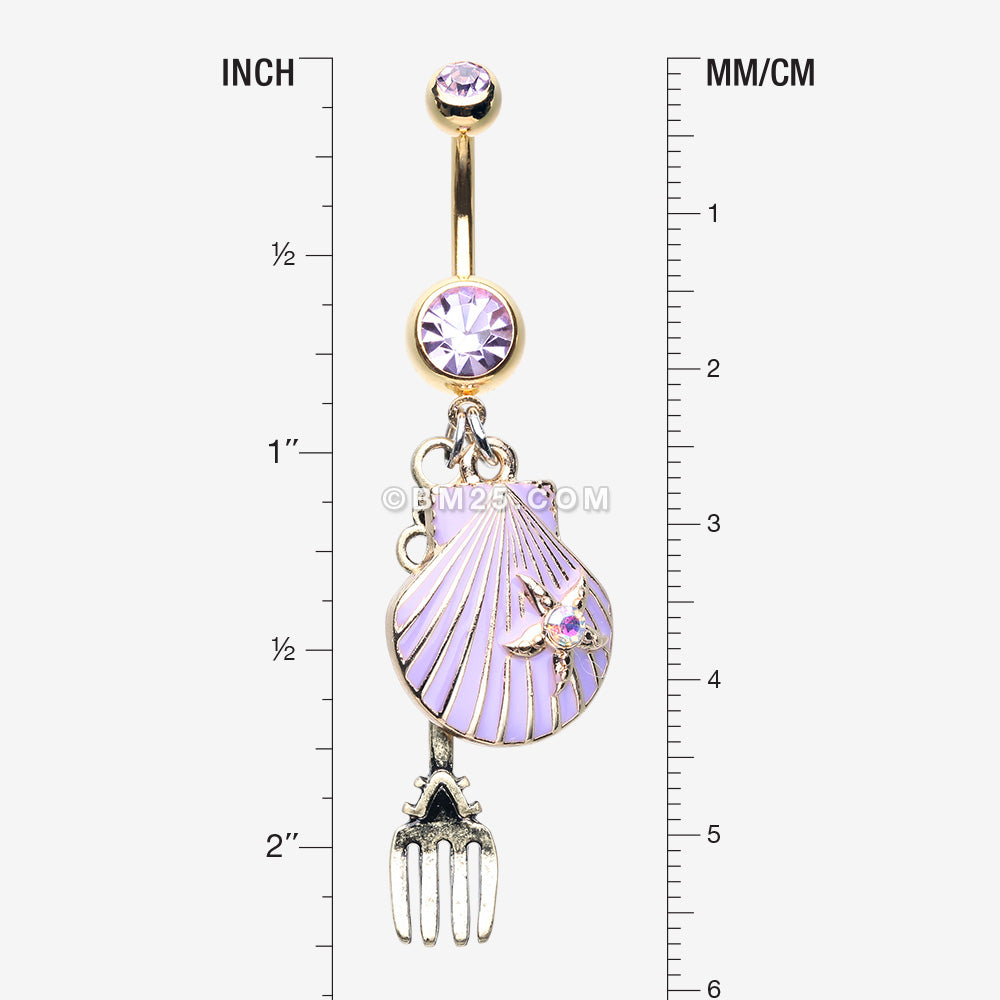 Detail View 1 of Golden Ariel's Shell with Dinglehopper Fork Belly Button Ring-Violet
