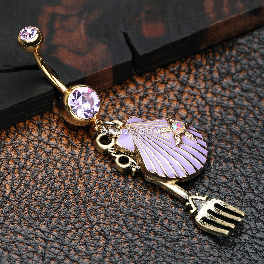 Detail View 2 of Golden Ariel's Shell with Dinglehopper Fork Belly Button Ring-Violet