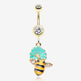 Golden Sweet Daisy Bumble Bee Sparkle Belly Button Ring-Clear Gem