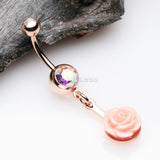 Detail View 2 of Rose Gold Sweet Pink Rose Blossom Belly Button Ring-Aurora Borealis