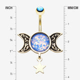 Detail View 1 of Golden Triple Goddess Opalescent Moon Sparkle Belly Button Ring-Blue