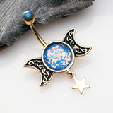 Detail View 2 of Golden Triple Goddess Opalescent Moon Sparkle Belly Button Ring-Blue