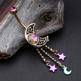 Detail View 2 of Golden Sparkle Celtic Crescent Moon Star Dangles Belly Button Ring-Fuchsia