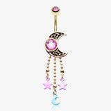Golden Sparkle Celtic Crescent Moon Star Dangles Belly Button Ring